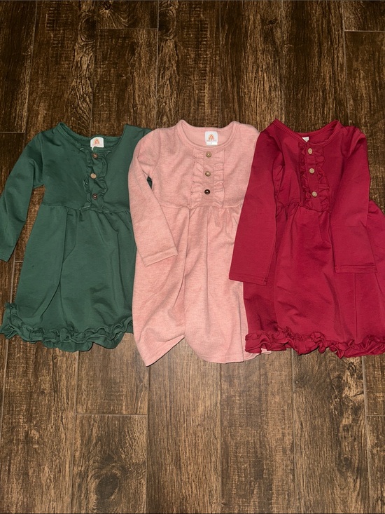 Abby & Evie Other - Girls' Ruffle-Trim Long Sleeve Dress - Pink, Green, Red bundle